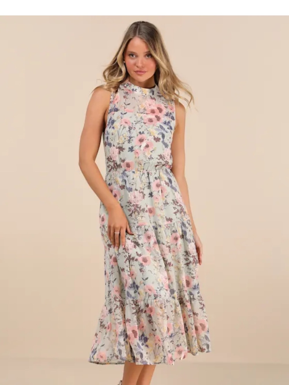 Lulu's Pastel Floral High-Neck Midi Dress